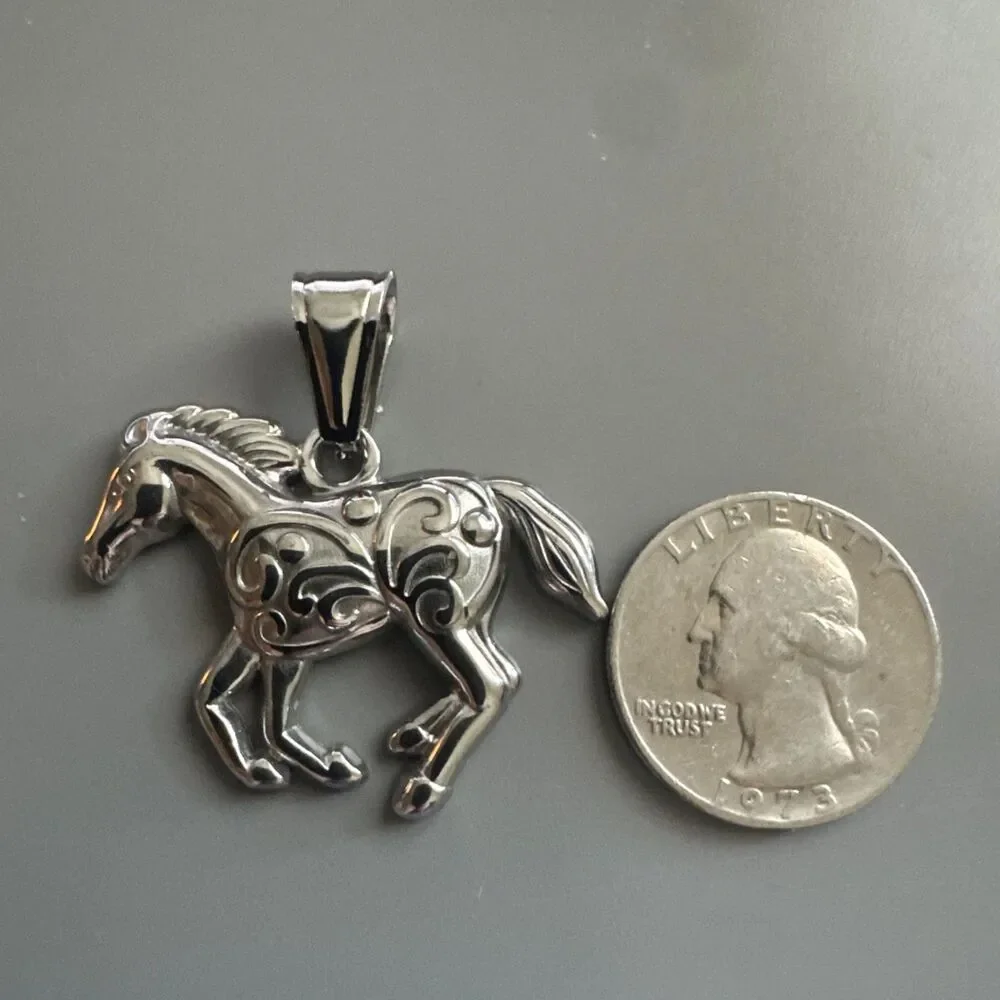Horse Pony Silver Plated Stainless Steel Pendant 24 Inch Chain Men’s Racing Gift